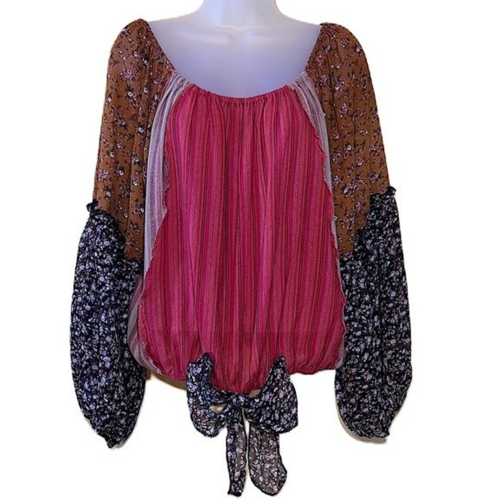 Boho On or Off The Shoulder Raw Seams Balloon‎ Sleeves Oversize Small Umgee